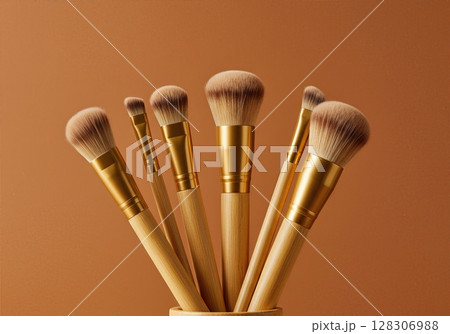 Professional Luxury Golden Bamboo Makeup Brush Set with Synthetic Bristles Against Warm Orange 128306988