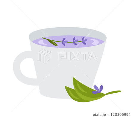 Cup of herbal tea with lavender flowers. Vector illustration of a healthy drink for design or decoration. 128306994