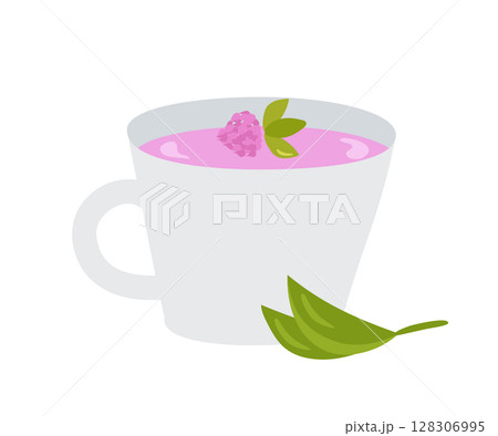 Cup of herbal tea with wild clover flowers. Vector illustration of a healthy drink for design or decoration. 128306995
