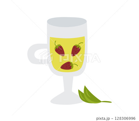 Glass mug of green herbal tea with strawberries. Vector illustration of a healthy drink for design or decoration. 128306996