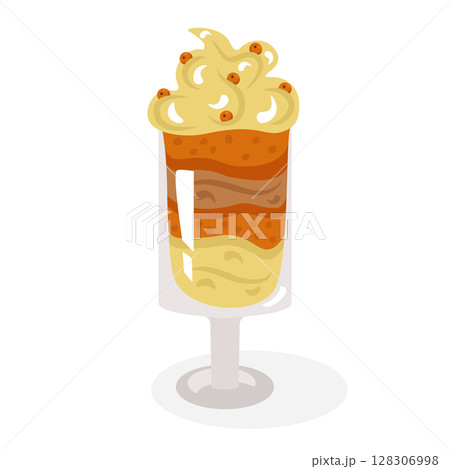 Carrot trifle, a dessert laid out in layers in a glass glass, decorated with whipped cream and orange berries. Cute, cozy vector illustration. For a holiday card, banner, menu, coffee shop flyer. Carrot trifle, a dessert laid out in layers in a glass glass, decorated with whipped cream and orange berries. Cute, cozy vector illustration. For a holiday card, banner, menu, coffee shop flyer. 128306998