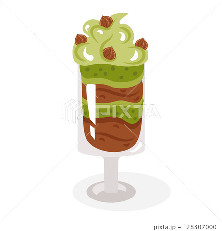 Trifle with matcha tea, dessert laid out in layers in a glass glass, decorated with whipped cream and nuts. Cute, cozy vector illustration. For a holiday card, banner, menu, coffee shop flyer. Trifle with matcha tea, dessert laid out in layers in a glass glass, decorated with whipped cream and nuts. Cute, cozy vector illustration. For a holiday card, banner, menu, coffee shop flyer. 128307000