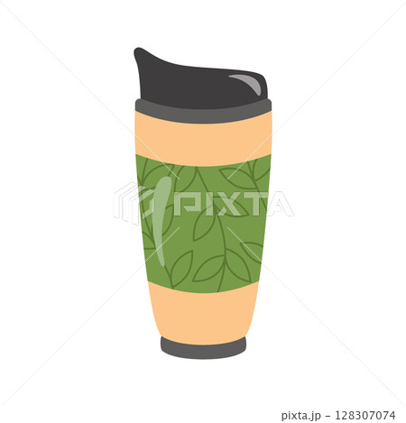 Reusable thermocup with plant print for the concept of zero waste. For hot drinks, coffee, tea, cocoa. Vector illustration in cartoon style. 128307074