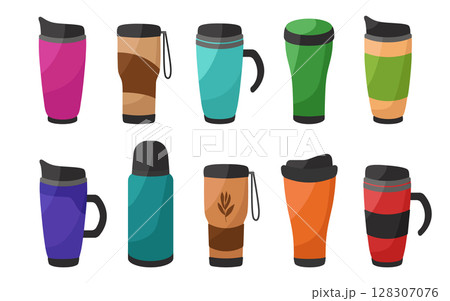 Large set of bright reusable thermos cups and thermos flasks for the concept of zero waste. For hot drinks, coffee, tea, cocoa. Vector illustration in cartoon style. 128307076