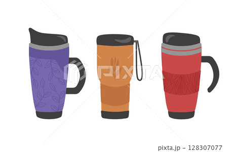 Set of reusable thermo mugs with a plant print for the concept of zero waste. For hot drinks, coffee, tea, cocoa. Vector illustration in cartoon style. Set of reusable thermo mugs with a plant print for the concept of zero waste. For hot drinks, coffee, tea, cocoa. Vector illustration in cartoon style. 128307077