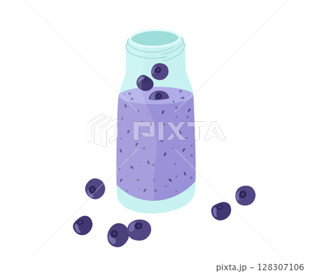 Blueberry smoothie. Bright colorful summer set of ingredients. Vector illustration of healthy refreshing drinks. 128307106