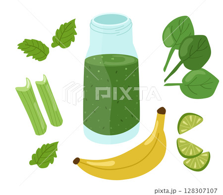 Green smoothie made of spinach, bananas, lime, celery, mint. Bright colorful summer set of ingredients. Vector illustration of healthy refreshing drinks. 128307107