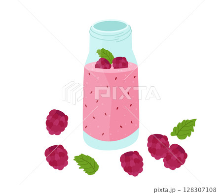 Smoothies with raspberries. Bright colorful summer set of ingredients. Vector illustration of healthy refreshing drinks. 128307108