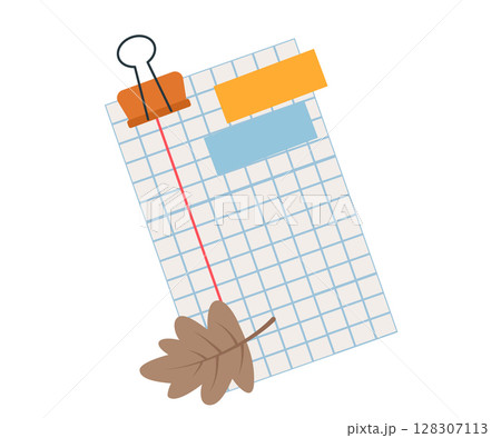 Sheet of paper in a notebook cage with multicolored stickers, a clip and an autumn leaf. Vector isolated illustration for design or decoration. 128307113