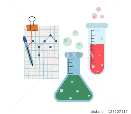 Glass test tube and flask with liquid for chemical experiments in a school or scientific laboratory. Vector isolated illustration for design or decoration. Glass test tube and flask with liquid for chemical experiments in a school or scientific laboratory. Vector isolated illustration for design or decoration. 128307115