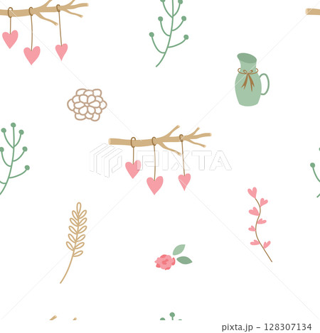 Seamless pattern with twigs, dried flowers, roses, garlands with hearts in rustic style. Simple elegant vector background for printing on fabric, paper, packaging, wallpaper 128307134