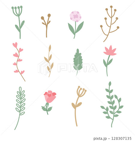 Set of simple uncomplicated twigs and flowers in a cozy rustic style. Vector illustration for design, decoration of postcards, invitations. Set of simple uncomplicated twigs and flowers in a cozy rustic style. Vector illustration for design, decoration of postcards, invitations. 128307135