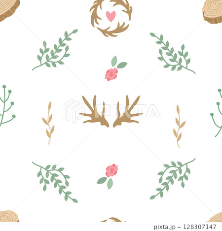 Seamless pattern with horns, tree branches, dried flowers, roses, hearts in rustic style. Simple elegant vector background for printing on fabric, paper, packaging, wallpaper 128307147