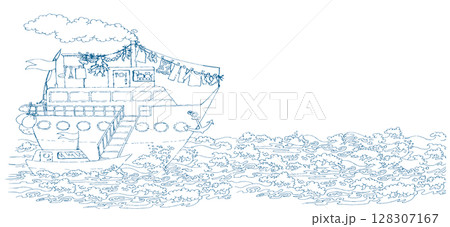 Pencil drawing. The gangway is lowered from the ship onto the boat. Pencil drawing. The gangway is lowered from the ship onto the boat. 128307167
