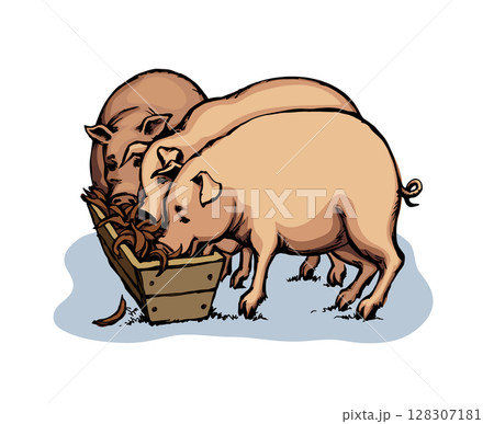 Vector drawing. Pigs eating rhe food Vector drawing. Pigs eating rhe food 128307181