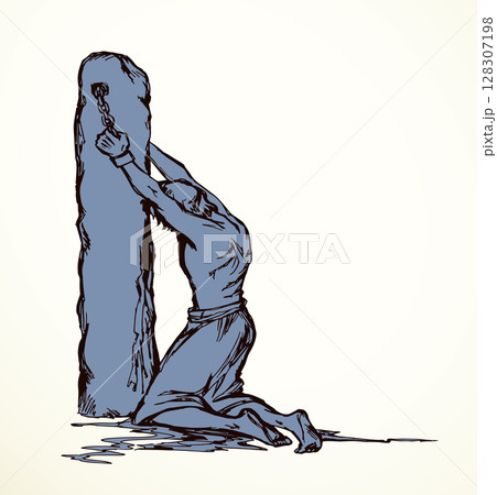 Vector drawing. Beaten man tied to a pole 128307198