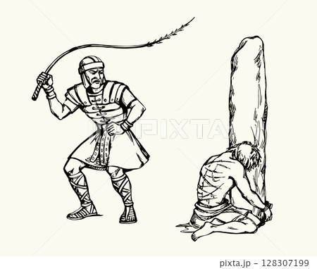 Vector drawing. Beaten man tied to a pole 128307199