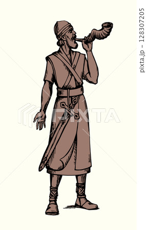 Vector drawing. Warrior with torch 128307205
