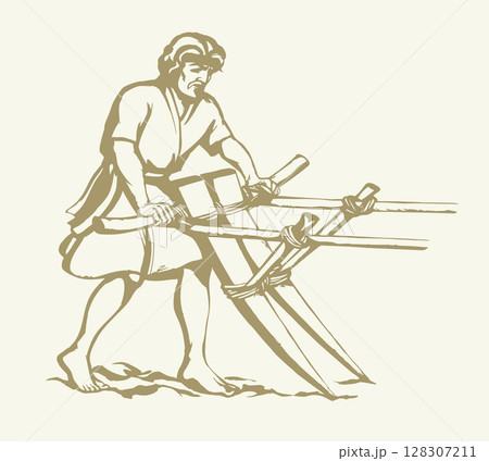 Vector drawing. Man with old wooden plow 128307211