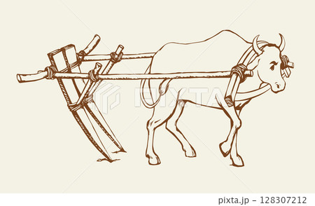 Vector drawing. Old wooden plow 128307212