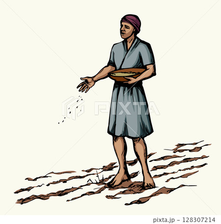 Vector drawing. A man sowing wheat Vector drawing. A man sowing wheat 128307214