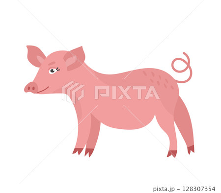 Cute pink piggy in cartoon style. Vector animal character from a farm isolated on a white background. 128307354