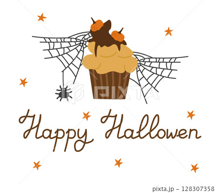 Happy Halloween banner with pumpkin pie with stars, cobwebs and text for the holiday. Vector illustration isolated for falling design and decor. 128307358