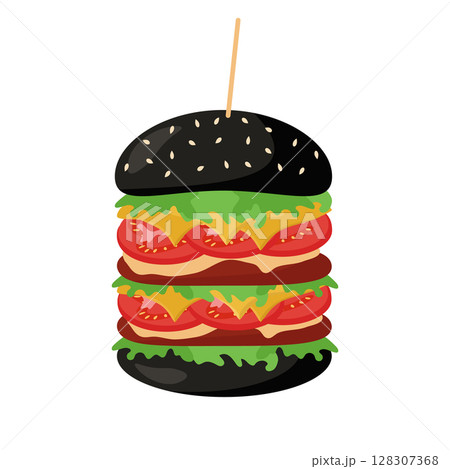 Trendy hamburger on a black bun is a traditional sandwich with a cutlet, bun, tomatoes, lettuce, cheese for the concept of fast food. Vector illustration for design or decoration. Trendy hamburger on a black bun is a traditional sandwich with a cutlet, bun, tomatoes, lettuce, cheese for the concept of fast food. Vector illustration for design or decoration. 128307368