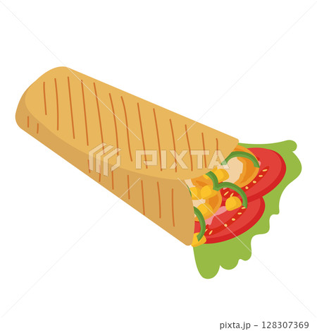 Burrito is a traditional roll with meat, pepper, tomatoes and green salad for the fast food concept. Vector illustration for design or decoration. Burrito is a traditional roll with meat, pepper, tomatoes and green salad for the fast food concept. Vector illustration for design or decoration. 128307369