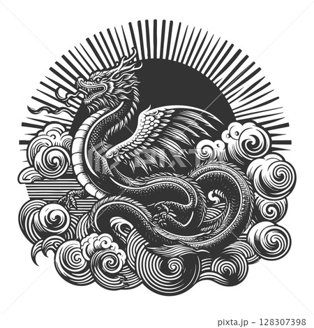 Winged Eastern Dragon in Cloud raster illustration 128307398