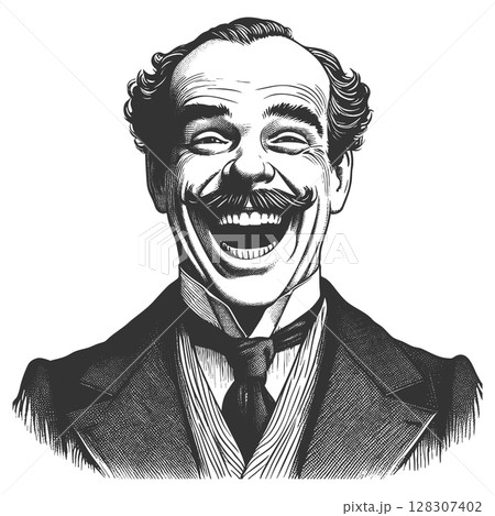 Laughing Man with Mustache engraving sketch vector Laughing Man with Mustache engraving sketch vector 128307402