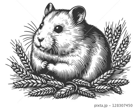 Hamster engraving sketch vector illustration 128307450