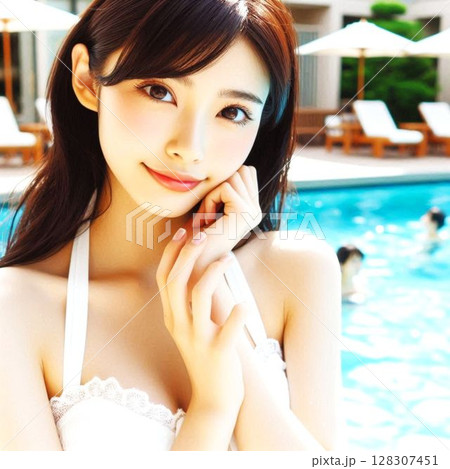 プールサイドで微笑んでいる女性 128307451