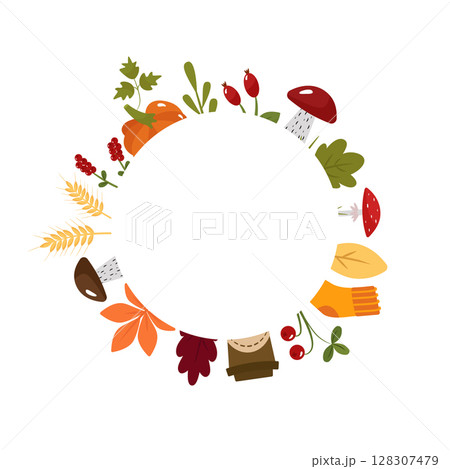 Autumn template, text frame in the center, in the shape of a circle. Pictures with socks, cranberries, coffee, wheat, pumpkin, mushrooms, carrots,rosehip. The vector illustration is isolated. For 128307479