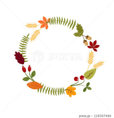 Autumn wreath of leaves, rosehip berries, wheat. Vector illustration isolated. For postcard design, decoration or printing 128307480