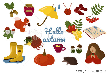 Hello autumn! A set of elements on an autumn theme - acorns, Rowan, squirrel, hedgehog, knitting, pumpkin, boots, leaves. Vector. On a white background. In the style of hand drawing. 128307483