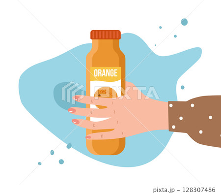 Bottle of orange juice in a woman's hand. Vector illustration of simple packaging for fruit drinks. Isolated against the background of a blue spot. 128307486