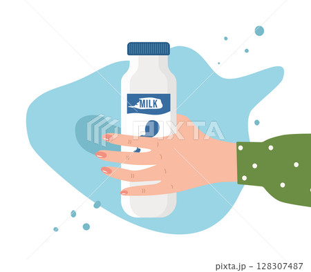 Bottle of milk in a woman's hand. Vector illustration of a simple beverage packaging. Isolated against the background of a blue spot. 128307487