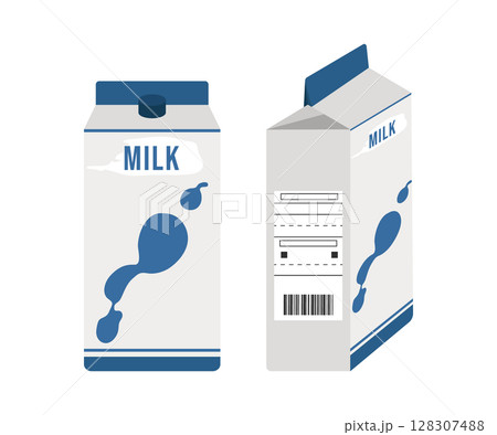 Box of milk. Vector illustration of a simple package with a label and a barcode, front and side view. Isolated on a white background. 128307488