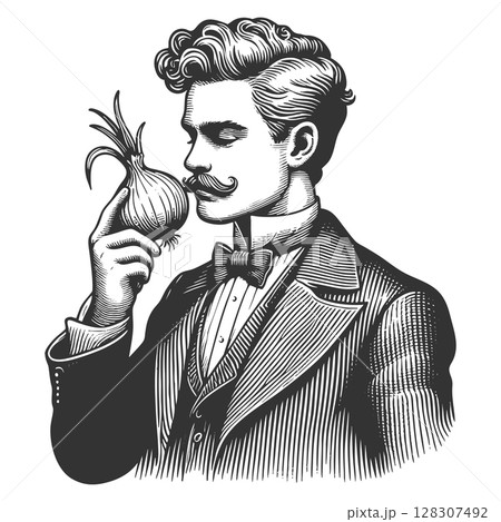 Thoughtful Victorian Man Holding an Onion vector 128307492