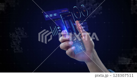 Interacting with futuristic holographic smartphone, hand exploring digital data display Interacting with futuristic holographic smartphone, hand exploring digital data display 128307511