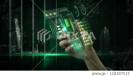 Hand interacting with holographic data and graphs on futuristic digital interface 128307515