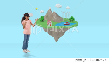 Using VR headset, child exploring virtual reality island in school environment Using VR headset, child exploring virtual reality island in school environment 128307573