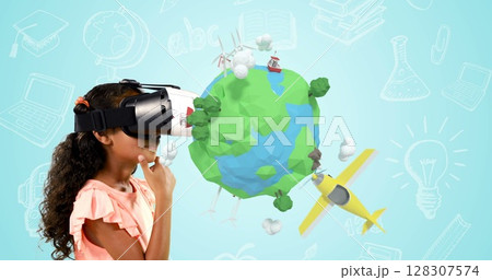 Child exploring virtual reality with VR headset, engaging with interactive 3D world Child exploring virtual reality with VR headset, engaging with interactive 3D world 128307574