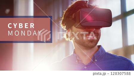 Smiling man enjoying virtual reality headset experience during Cyber Monday sale Smiling man enjoying virtual reality headset experience during Cyber Monday sale 128307588