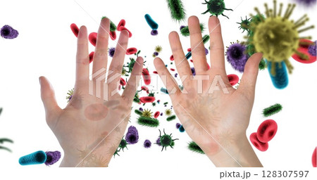 Hands surrounded by colorful germs and bacteria, illustrating hygiene importance 128307597