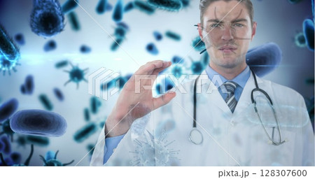 Doctor in lab coat examining virtual bacteria, focusing on medical research 128307600