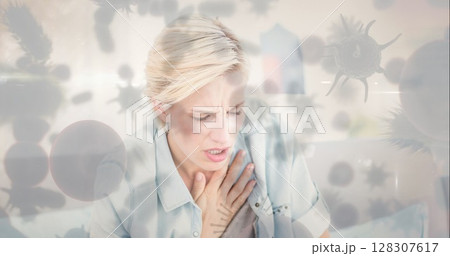 Holding chest, woman experiencing discomfort surrounded by allergy particles indoors Holding chest, woman experiencing discomfort surrounded by allergy particles indoors 128307617