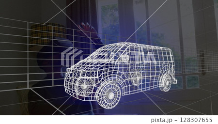 Image of 3d technical drawing of van, over man at home wearing vr headset Image of 3d technical drawing of van, over man at home wearing vr headset 128307655