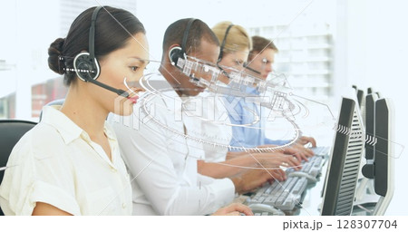 Image of scope scanning over business people using phone headsets Image of scope scanning over business people using phone headsets 128307704